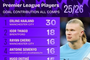 本赛季英超球员参与进球榜:哈兰德30球居首,伊戈尔18球次席